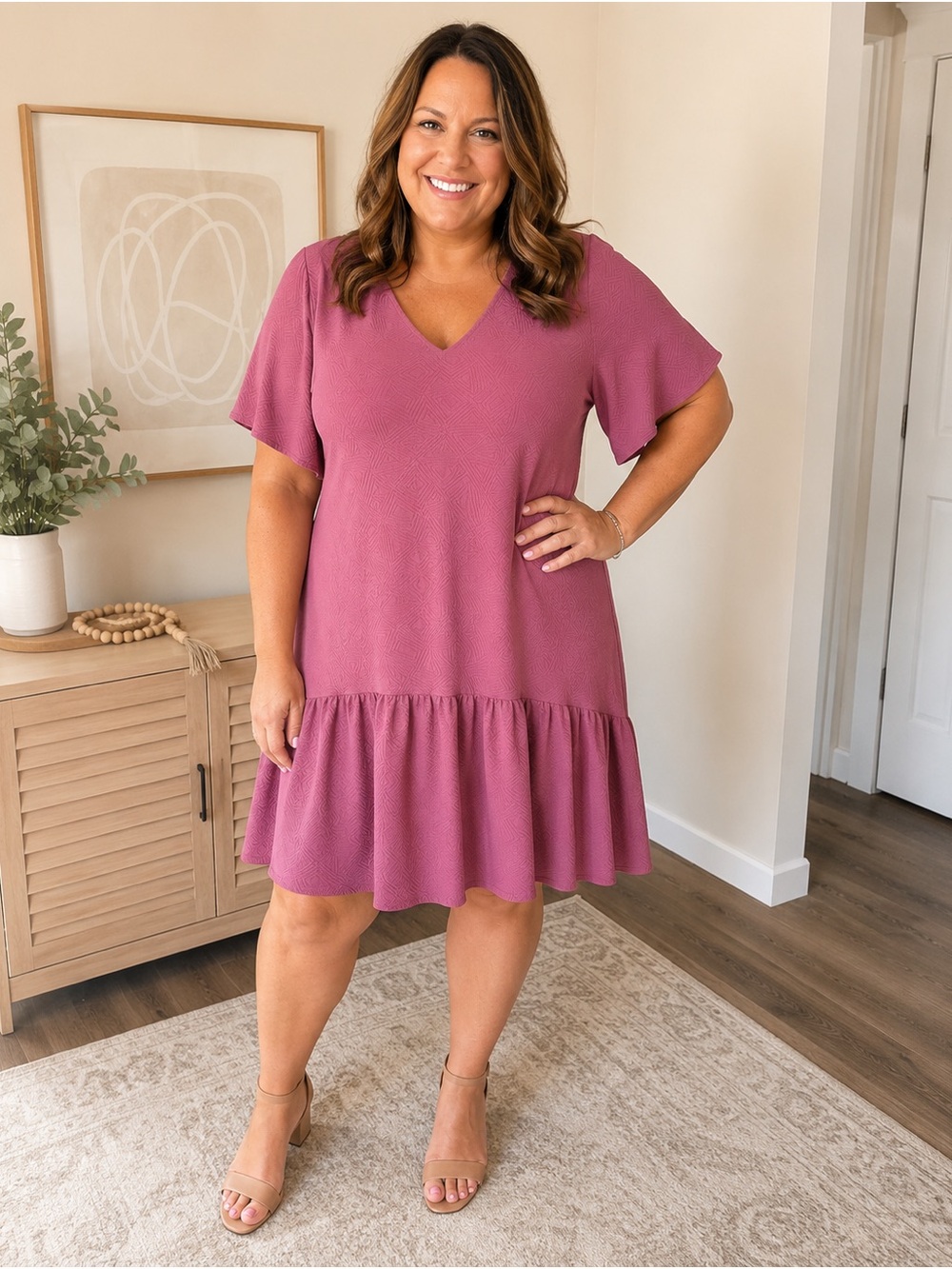 Ashley Stewart Size 14/16 Drop Waist Midi Dress Dusty Pink Short Sleeve Stretch